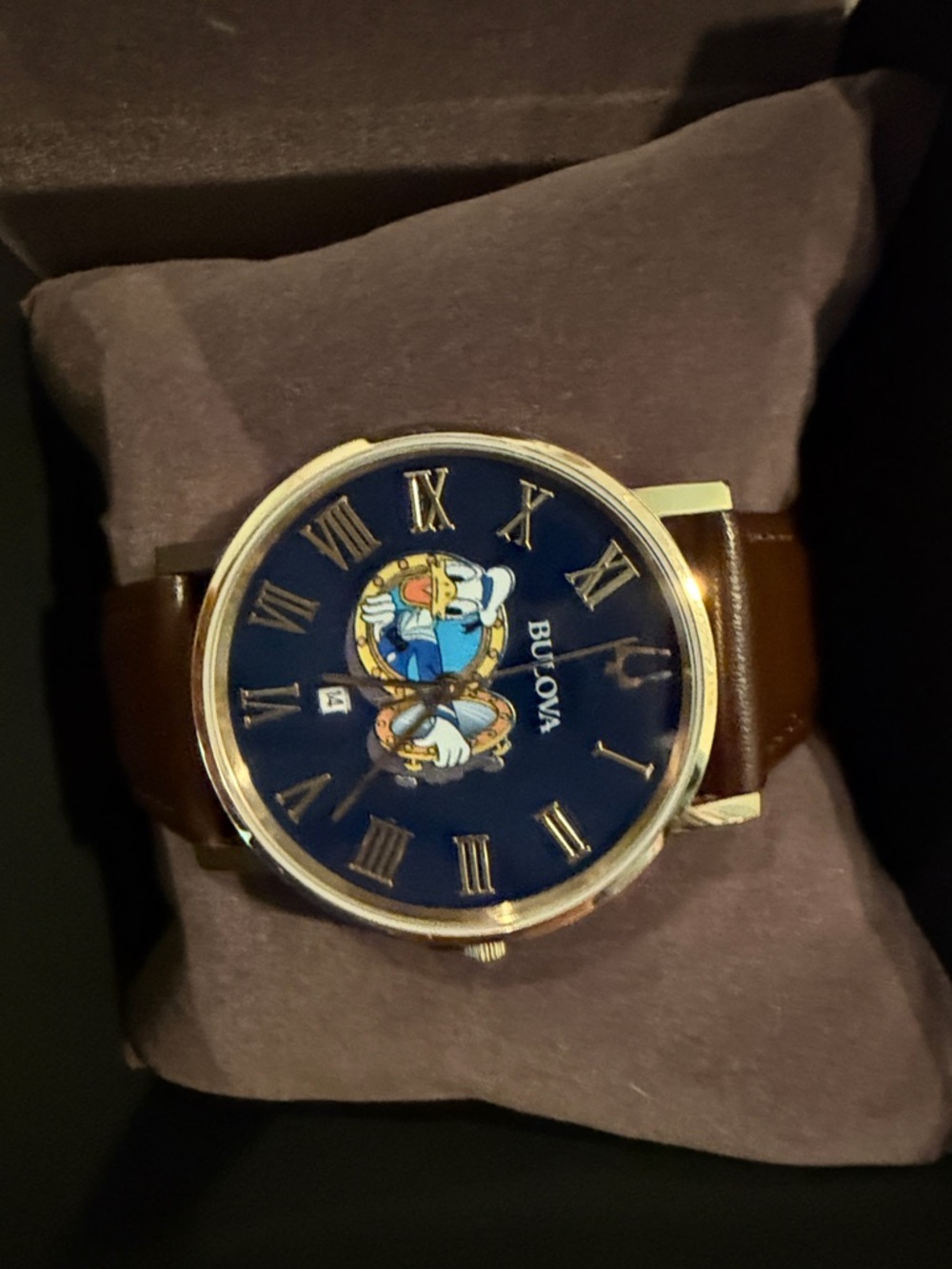 Bulova Gold-Tone Case Watch with Blue Dial and Brown Strap
